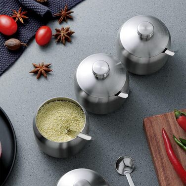 Набір контейнерів для цукру, спецій та солі з кришкою та ложкою | Edelstahl Zuckerdose