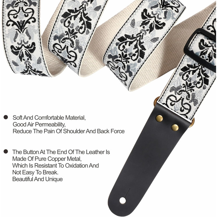 Гітарний ремінь Vintage з вишивкою з бавовни з кінцями з натуральної шкіри для бас-гітари, електро- та акустичної гітари, з безкоштовними кнопками для ремінця, 1 пара замків для ремінця та 4 медіатори D# - Біла квітка