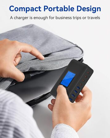 Зарядний пристрій USB C 200W, 8 портів, PD 65W з LCD дисплеєм для MacBook, iPad, iPhone 16/15/14/13 Pro/Max, Samsung S24/S23 – Чорний