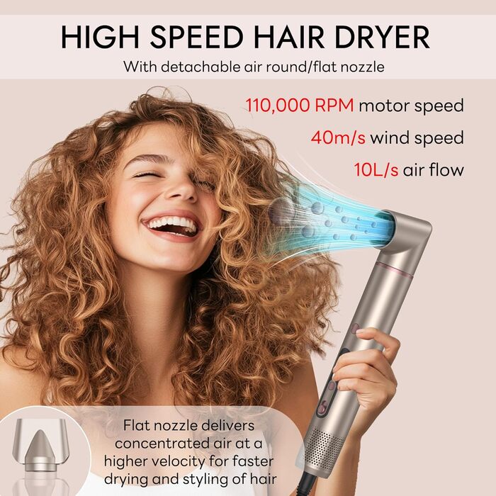 Airstyler 6-в-1 з LCD-дисплеєм: фен-щітка, стайлер для волосся, локони, об'єм, випрямлення, сушка, 110000 обертів/хв