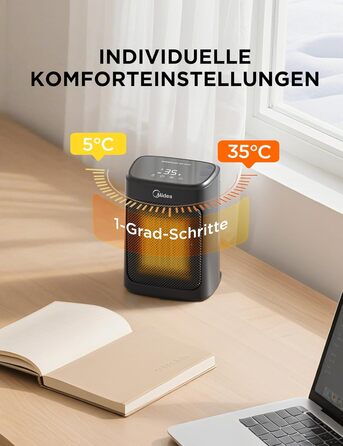 Електричний обігрівач Midea Ceramic 2000W з термостатом, 3 режими, таймер 24г, захист від перегріву та перекидання, миттєве тепло для офісу та спальні, 22 см, чорний