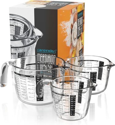 Arendo - Borosilicate Glass Measuring Cup Set - Sizes 1000ml, 500ml, 250ml (1l, 0.5l, 0.250l) – Glass Measuring Jug, Pitcher – Precise Scale – Heat Resistant – Microwave Safe – Kitchen Measuring Cup