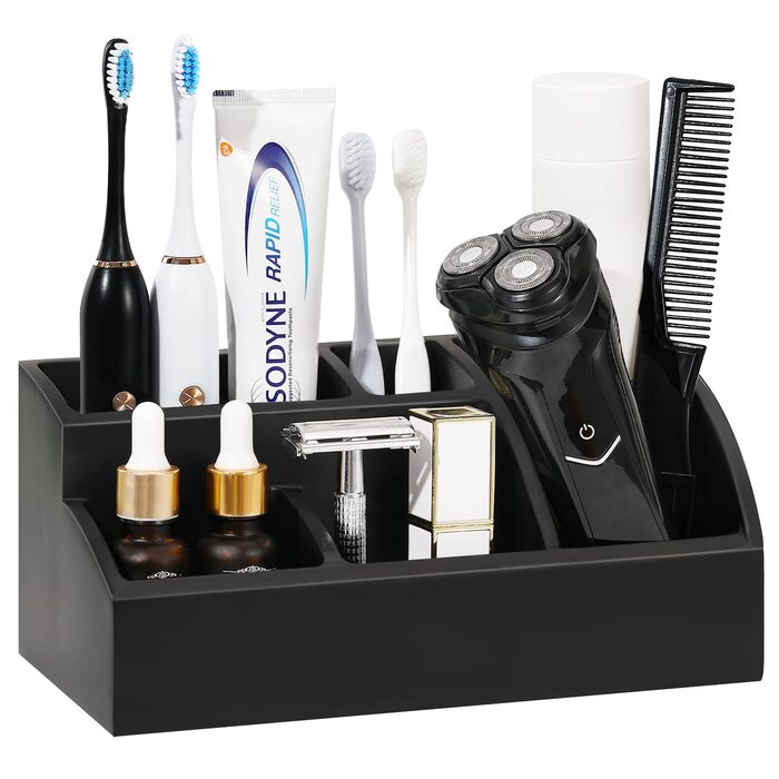 Тримач для зубних щіток Luxspire, 5 відділень, електричний, для сім'ї, велика місткість, органайзер для косметики та бритв, матовий чорний