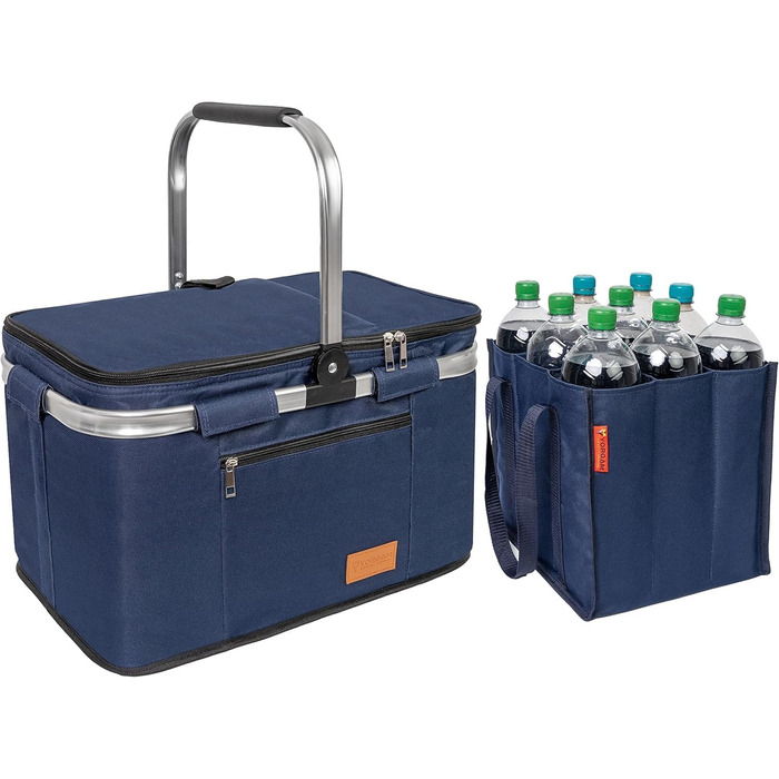 Foldable Shopping Basket 35L + Bottle Bag with 9 Compartments for Bottles up to 1.5L | Set of Large Insulated & Waterproof Cooler Bag + Bottle Basket: Lunch Bag, Bottle Carrier, Thermos Bag, Bottle Bag
