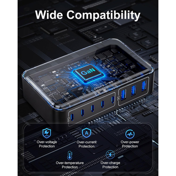 Зарядний пристрій USB-C 8-в-1, 300W, GaN адаптер для MacBook, iPhone, iPad, Samsung, ноутбуків – швидка зарядка PD