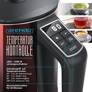 Електричний чайник Arendo з регулюванням температури 40-100°C, 1,5 л, 2200 Вт, модель ELEGANT, червоний
