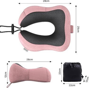 Подушка для шиї у подорожах: 100% Memory Foam, для автомобіля, літака, поїзда, офісу та дому (Рожева)