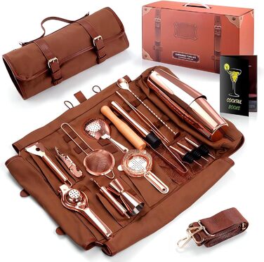 Travel Bartender Kit with Bag, 17-Piece Copper Bar Tool Set Cocktail Shaker Set, Portable Waxed Canvas Bag with Shoulder Strap for Bartenders, Parties, Camping Trips