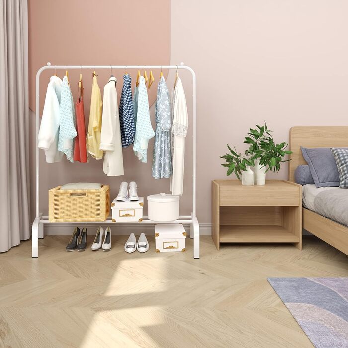 JIUYOTREE Clothes Rack, Coat Rack, Metal Clothes Rod, Durable Clothes Rod with Bottom Frame for Coats, Skirts, Shirts, Sweaters, White