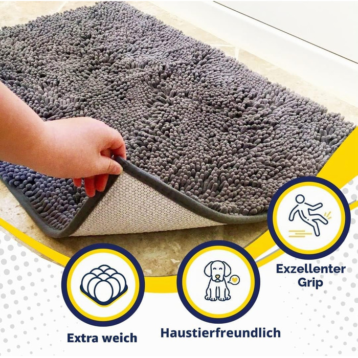 Гігроскопічний килимок для дому та тварин Muddy Mat® з мікрофібри, протиковзний та вологопоглинаючий килим для кухні, ванної та передпокою, сірий, M (76 x 48 см)