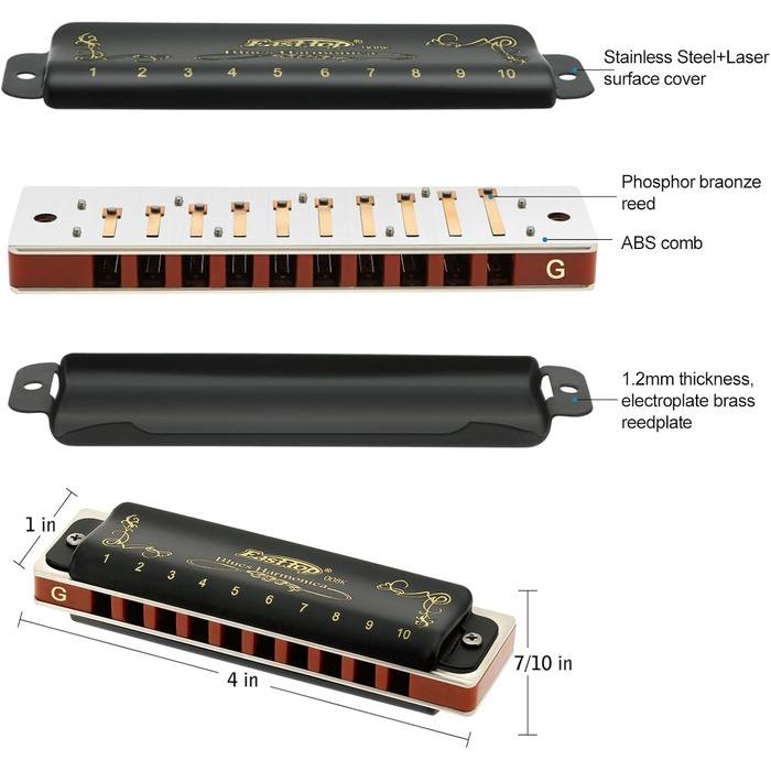 Гармошка губна East Top Diatonische Blues Harmonica T008K, тональність G - для професійних музикантів, початківців, дітей та як подарунок