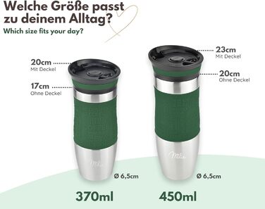 Термокружка Milu для кави з собою 370 мл, 450 мл, з подвійними стінками, з нержавіючої сталі, 100% захист від протікання, для автомобіля, travel mug (оливковий, 370 мл)