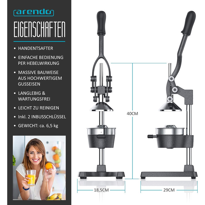 Arendo Manual Citrus Juicer - Stainless Steel Lever Press for Oranges, Grapefruits & Citrus Fruits - Heavy Duty