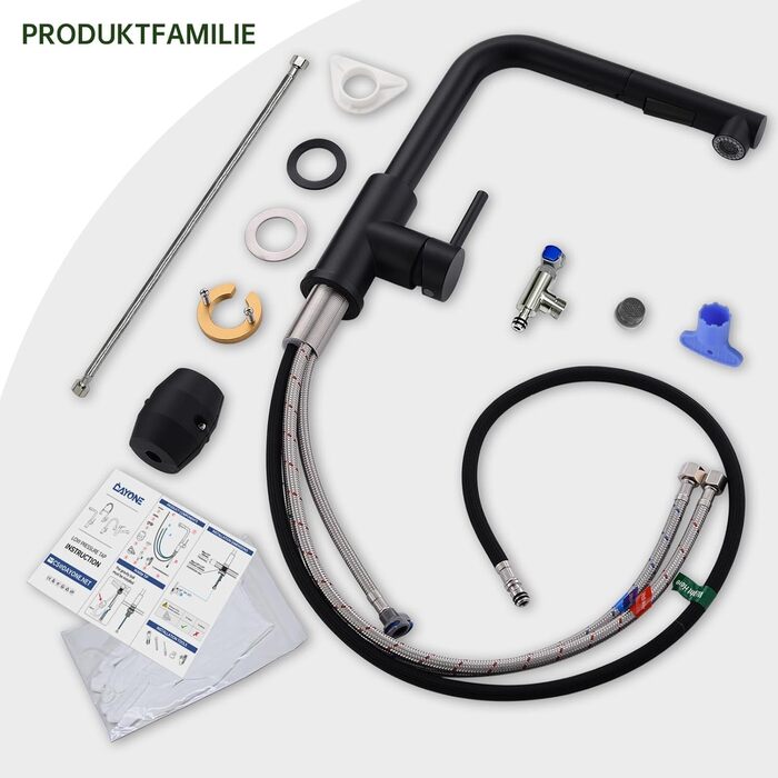 Змішувач кухонний DAYONE з висувною лійкою, нержавіюча сталь, 3 режими, поворотний на 360°, для кухонної мийки (15 см), матовий чорний