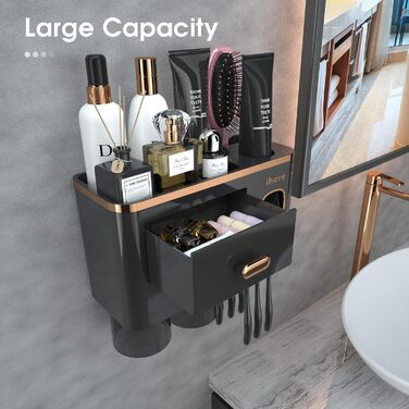 IHave Toothbrush Holder Wall Mounted, Bathroom Toothbrush Holder with Toothpaste Dispenser, 3 Cup Toothbrush Holder with Drawer, Large Capacity Toothbrush Organizer Bathroom (2 Cups, Black Gold)
