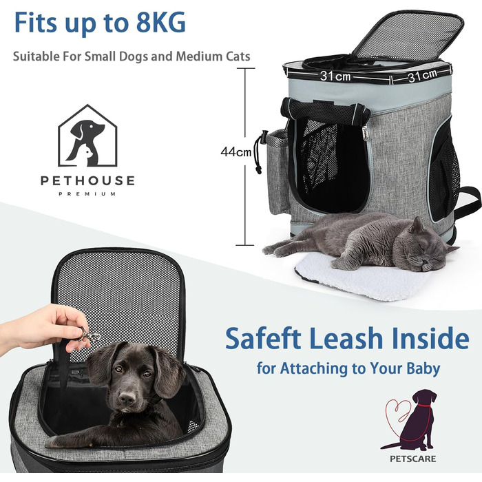 Рюкзак для тварин Kritter Planet з сітчастими вікнами, дихаючий та складаний, для собак та котів, знімний килимок, для походів, велосипеда, активного відпочинку, 7 кг, світло-сірий