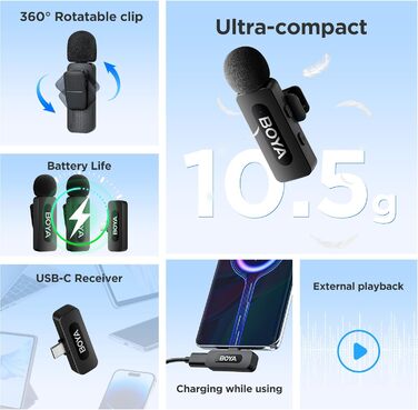 Мікрофон Boya BY-V10 USB-C: Бездротовий міні-петличний мікрофон з шумозаглушенням для Android, смартфонів, ноутбуків, YouTube, подкастів, Facebook, Vlogging