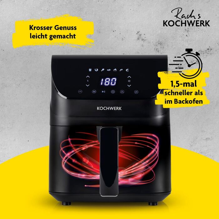 Цифрова аерофритюрниця Rachs KOCHWERK 4 л з сенсорним екраном, 1400 Вт, чорна — безмасляне приготування, гриль, випічка, легке очищення, функція нагадування