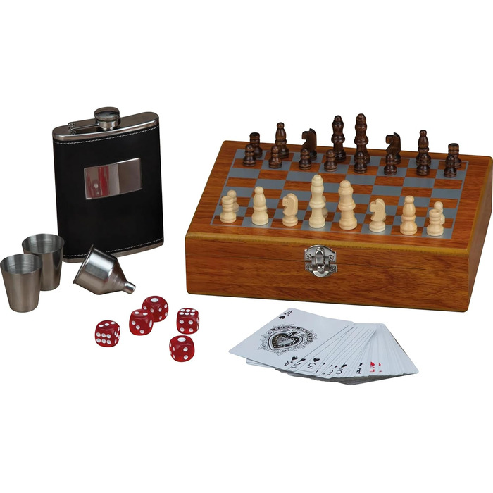 Набір флакон для алкоголю 237 мл з шахами, кубиками, картами, воронкою в дерев'яній шкатулці – подарунковий набір для чоловіків – аксесуари для бару та дорожній набір для віскі, горілки, джину та ін.
