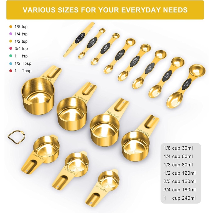 Gold-colored measuring cups and spoons, 15 pieces, 18/8 stainless steel, including 7 stackable metal measuring cups, 8 magnetic measuring spoons – ideal kitchen aids for cooking and baking