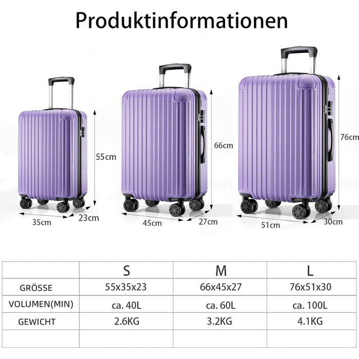 Чемодан 3-в-1, жорсткий корпус, валіза на 4 колесах із замком, ручна валіза, темно-зелений (S, світло-фіолетовий)