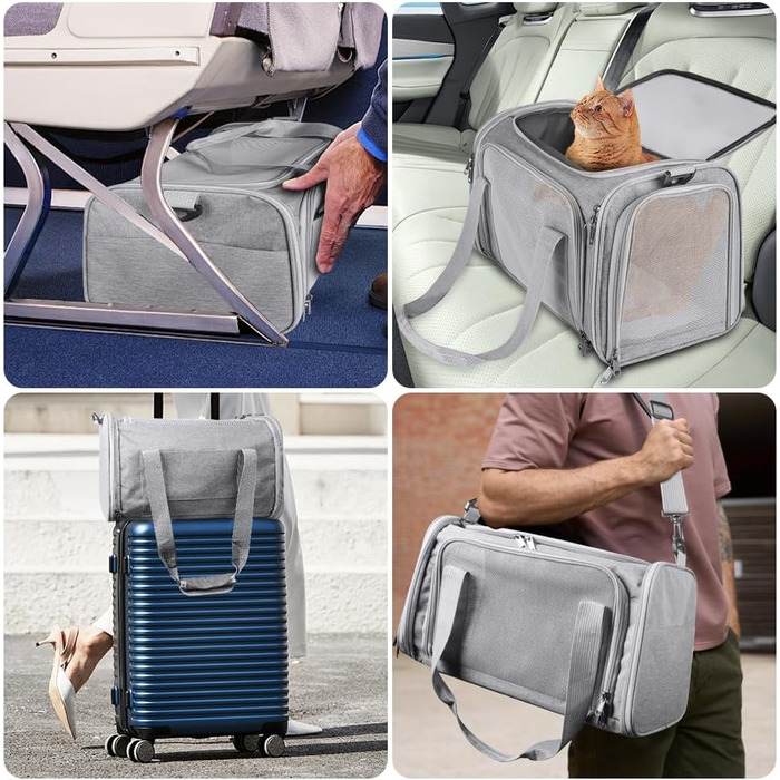Складана переносна клітка для собак та котів, сумка-переноска для подорожей, авто, літака. Легка, дихаюча переноска для малих та середніх котів, кроликів, цуценят до 6.8 кг (сіра)