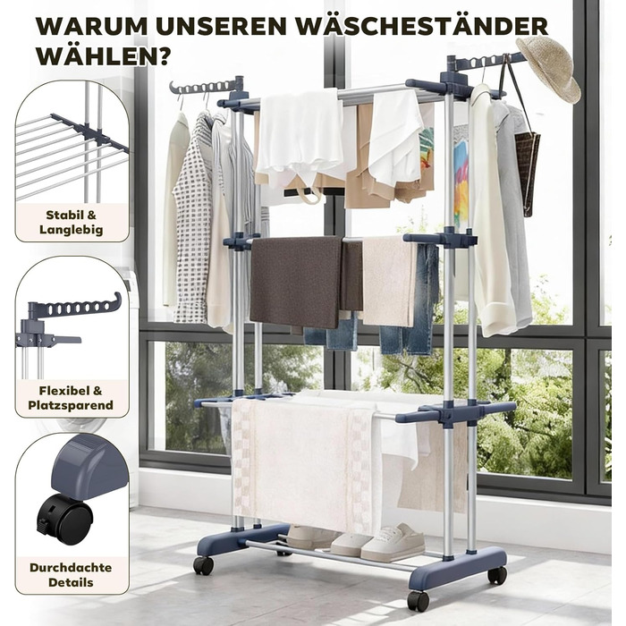 Сушарка для білизни Tower на коліщатках: 4-ярусна, з нержавіючої сталі, з 6 відкидними крилами та 2 боковими сторонами для обертання | 76x50x172 см | Компактна, складна, для балкону, ванної кімнати та саду | (Сірий)