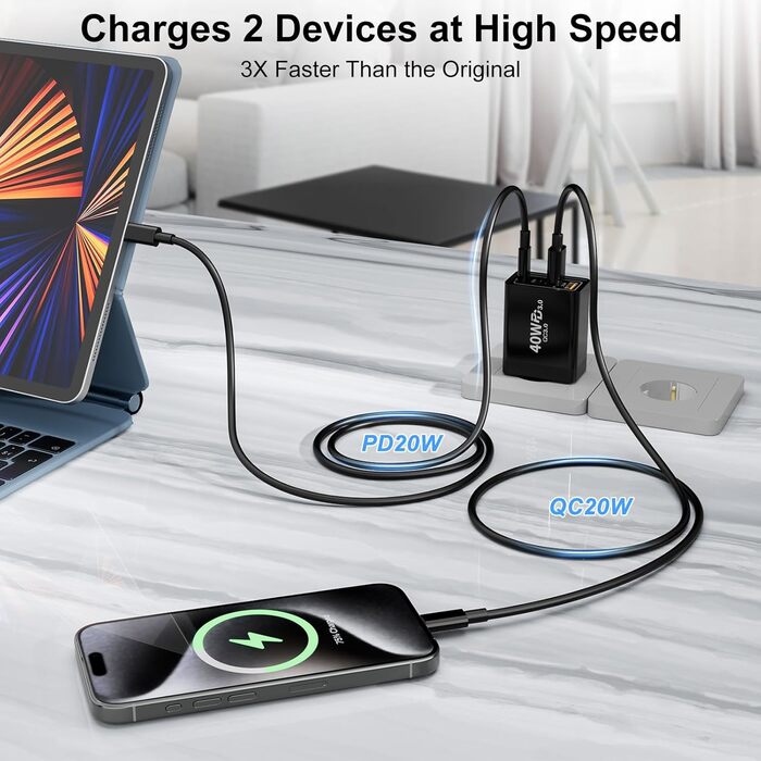Подвійний зарядний пристрій USB-C 40W з 4 портами (USB-C та USB-A), PD 3.0, для iPhone, Samsung, iPad, Tablet, 2 шт., чорний