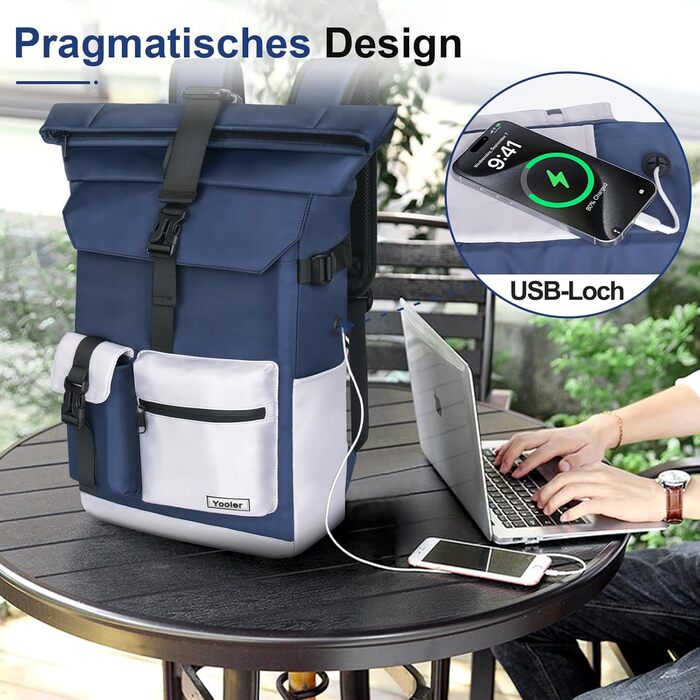 Roll-Top Backpack Waterproof, 27L Large Backpack Men Women, School Backpack with 17.3 inch Laptop Compartment, Travel Backpack Hiking Backpack for Business, Work, University, Travel, Leisure (Blue)