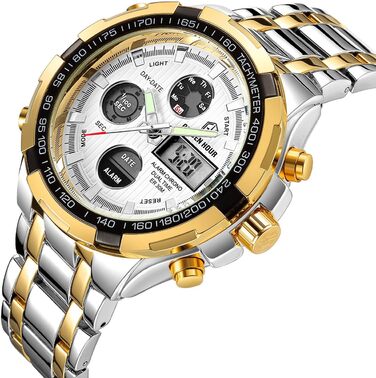 Чоловічий годинник-хронограф з нержавіючої сталі, водонепроникний, з датою та будильником, аналогово-цифровий дисплей (золотий колір)