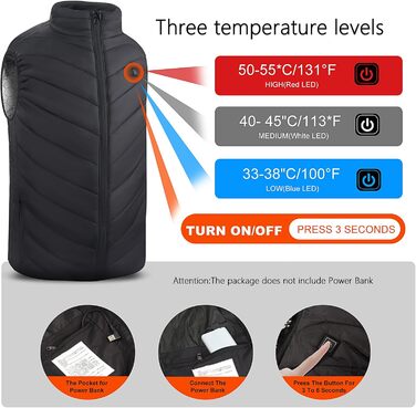 Обогрівальний жилет для чоловіків Monave: тепла куртка з 3 режимами для мотоцикла, кемпінгу, катання на лижах та повсякденного носіння. Чорний (Powerbank не входить до комплекту), XL