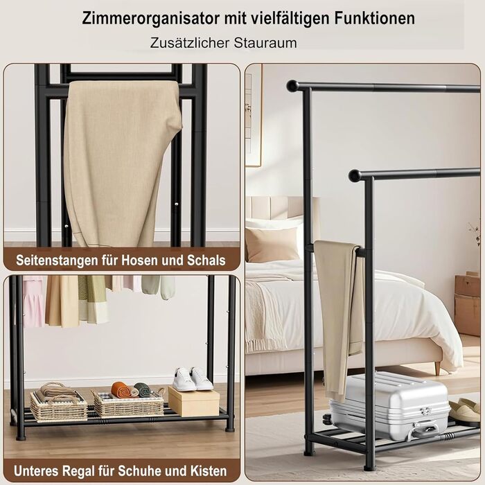 MISSLO Двоярусна вішалка для одягу, міцна, переносний гардероб для спальні, вітальні (чорний)