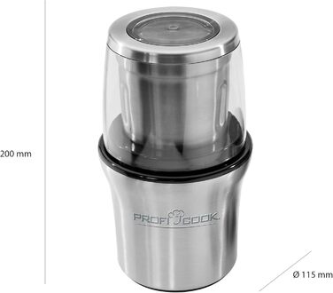 Електрична кавомолка ProfiCook PC-KSW 1021 N, 200 Вт, подрібнювач спецій, корпус з нержавіючої сталі, імпульсний режим, 4-лопатевий ніж для спецій, 2-лопатевий ніж для кави