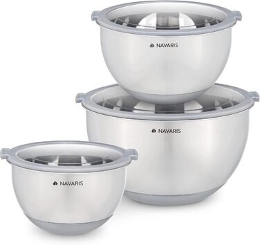 Navaris Stainless Steel Bowl Set with Lid - 3-Piece Mixing Bowl Salad Bowl - Stainless Steel Bowl Bowl Set Container in Grey