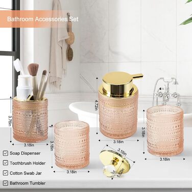 Набір аксесуарів для ванної кімнати Dasiton (4 шт.) з дозатором для мила, тримачем для зубних щіток, стаканом для полоскання та контейнером для ватних паличок (зелений/рожевий)