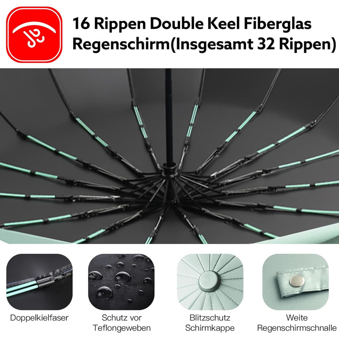 Стійкий до вітру парасолька: компактний складаний парасолька-тростина з 16 ребрами, покриття Teflon 210T, захист від УФ-променів (Aqua)