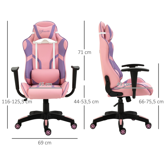 Vinsetto Gaming Chair Ergonomic Office Chair, Swivel Chair, Adjustable Massage Lumbar Cushion, Height Adjustable, Pink & Violet, 69x56x125.5cm | Aosom
