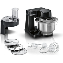 Кухонний комбайн Bosch Serie 2 MUMS2EB01, 700 Вт, 3,8 л, нержавіюча сталь, планетарне змішування, насадки для тіста та збивання, шинкувальна насадка, 3 диски, чорний
