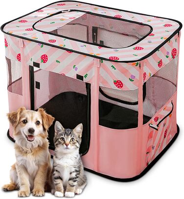 Портативний вольєр для цуценят та котів ALLSOPETS - складаний, для дому, вулиці, подорожей (Рожевий з полуничками, M)