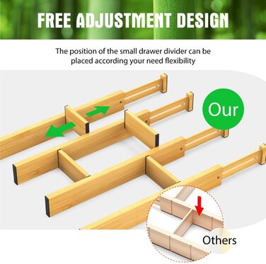 ANTOWIN 10 Pcs Adjustable Bamboo Drawer Dividers, Drawer Organizer, Spring-loaded, Kitchen, Dresser, Bathroom, Bedroom, Baby Drawer, Desk Organization System (43-56 cm) Natural