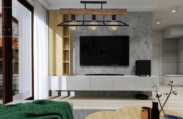 Люстра-ліхтар у стилі лофт з масивною дерев'яною балкою, дерево та метал