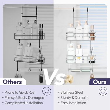 Настінна поличка для душу SWTYMIKI з нержавіючої сталі з 2 кошиками та 2 мильницями, 14 гачків, срібна