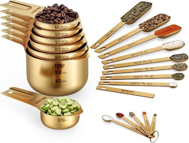 Wildone Copper Measuring Cups and Spoons, 21-Piece Set, including 7 Nesting Measuring Cups, 8 Measuring Spoons, 1 Leveler, and 5 Mini Measuring Spoons, ideal for dry and liquid ingredients