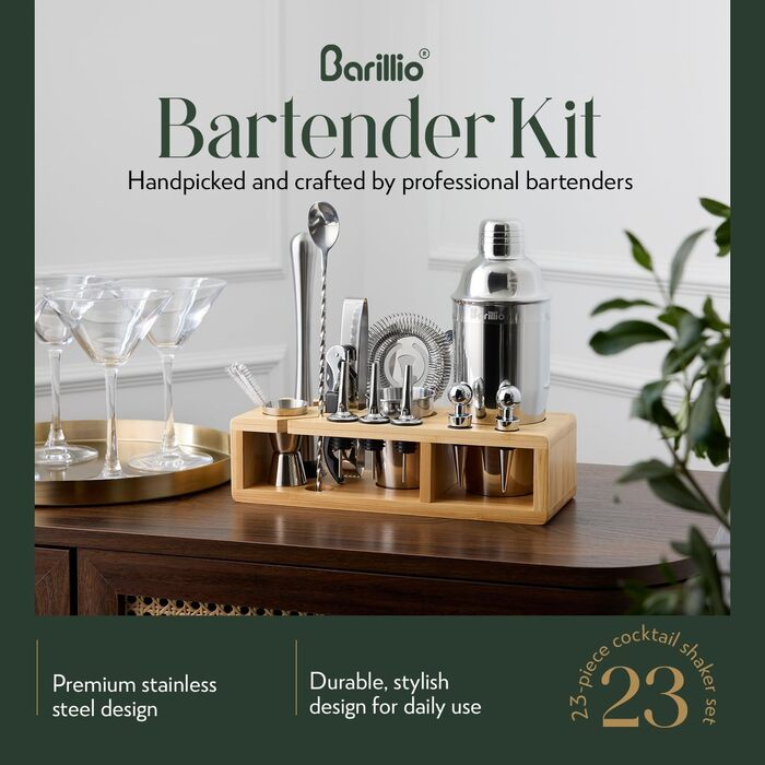 Набір для бармена Barillio Elite Mixology: шейкер, інструменти, бамбуковий підставка, сумка з велюру, рецепти. Сріблястий колір, бамбук