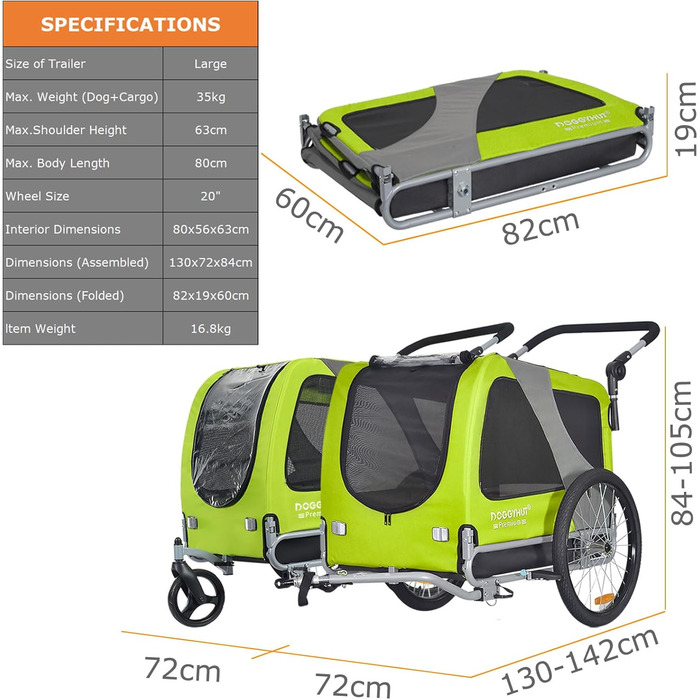 DOGGYHUT® Преміум великий велосипедний причіп для собак 2 в 1 / Візок-бігунок для собак / Причіп для собак великого розміру, 270 літрів, для собак середніх та великих порід до 35 кг (зелений / чорний)