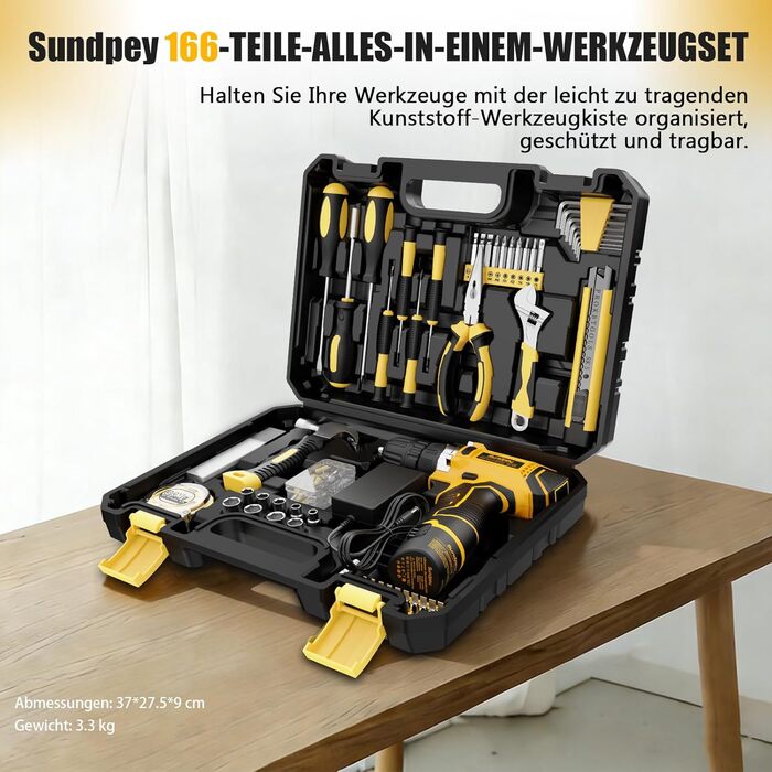 Набір інструментів Sundpey 166 шт. з акумуляторною дрилі 12V для дому, ремонту та саду (жовтий)