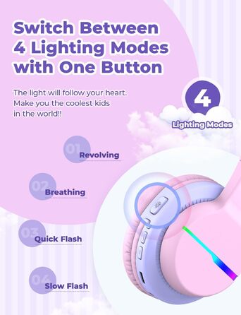 iClever Бездротові навушники для дітей з LED-підсвіткою, Over-Ear, Bluetooth 5.2, мікрофон, рожеві