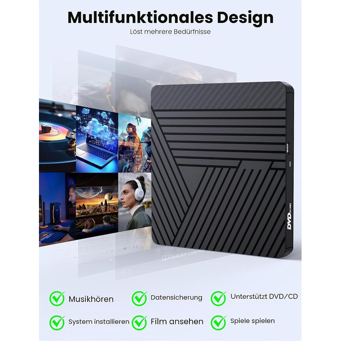 Зовнішній CD/DVD привід MOSWAG USB 3.0 та Type-C, оптичний багатофункціональний накопичувач +/-RW для PC, Mac, MacBook Pro, Linux, Win 11/10, чорний
