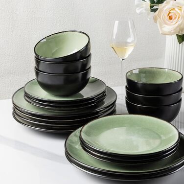 Набір посуду GBhome з реактивної глазурі для 6 осіб (18 предметів), ручної роботи, керамічний, мікрохвильова та посудомийна машина, зелений колір