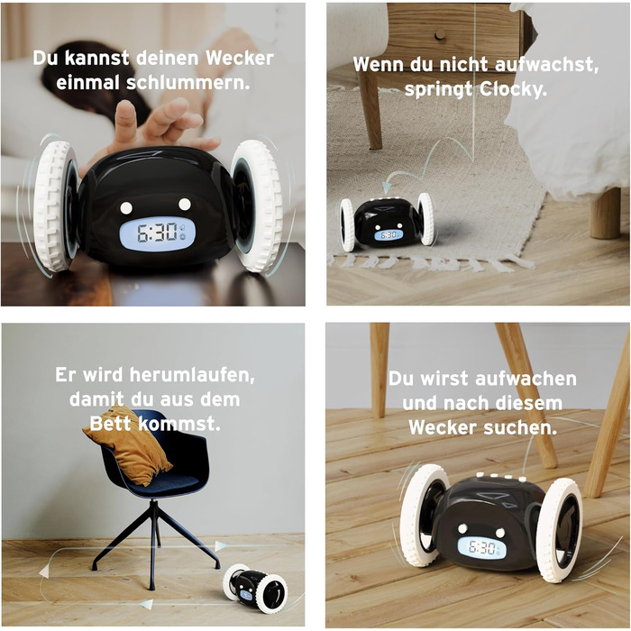 Clocky Loud Alarm Clock - Digital Alarm Clock, Loud for Deep Sleepers, Adults, Teens, Funny, Hard of Hearing, Heavy Sleepers, on Wheels, Runs Away, Driving, Jumping, Rolling Away, Funny Gift (Schwartz)